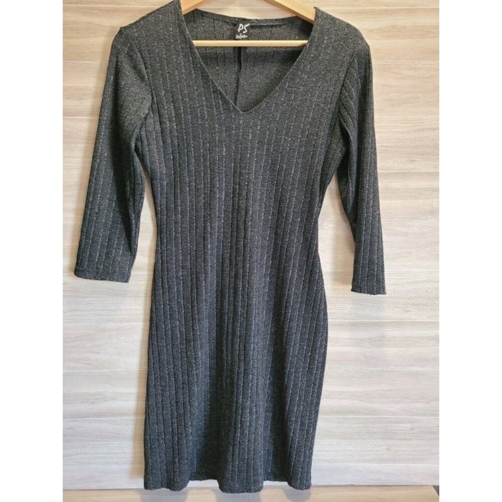PS PerSeption Sweater Dress XS Gray Ribbed Knit V Neck 3/4 Sleeve Mini